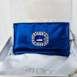 JIMMY CHOO Titania Blue Satin Clutch Bag